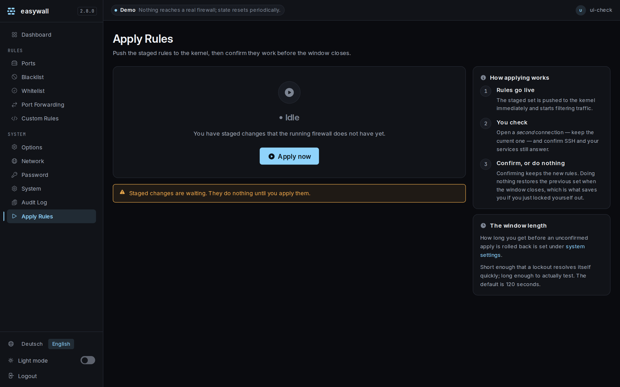 The Apply Rules page: a status card reading Idle with an Apply now button, beside cards explaining the three steps of applying and how long the confirmation window is.