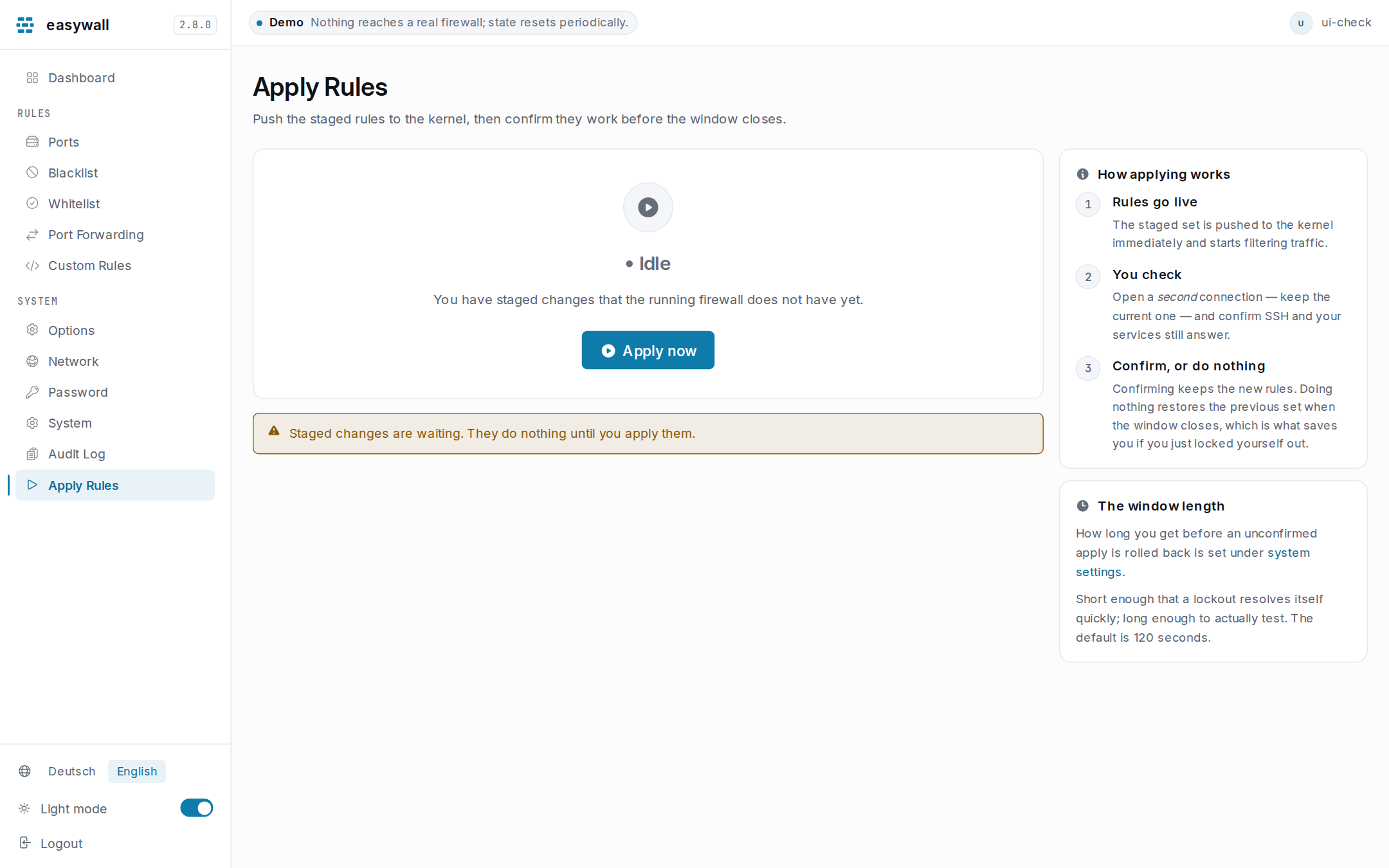 The Apply Rules page: a status card reading Idle with an Apply now button, beside cards explaining the three steps of applying and how long the confirmation window is.