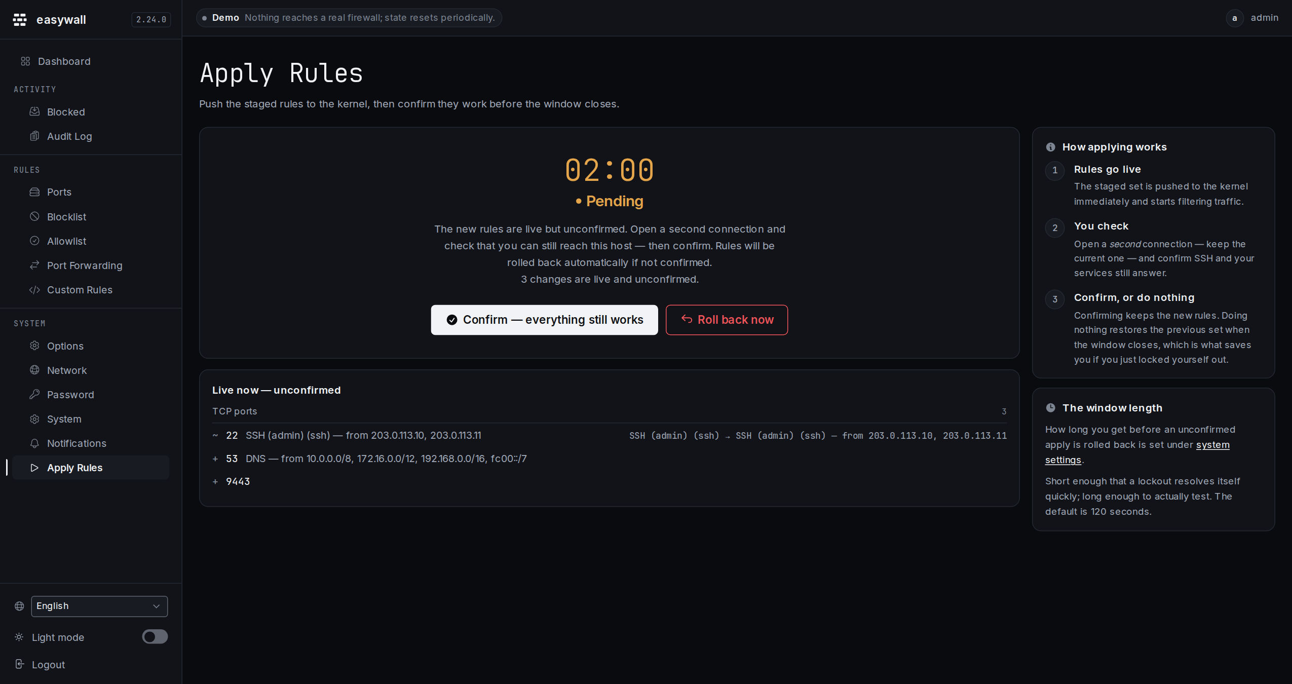 The apply screen with the window open: a large mm:ss countdown, Confirm and Roll back now side by side, and a card listing what just went live.