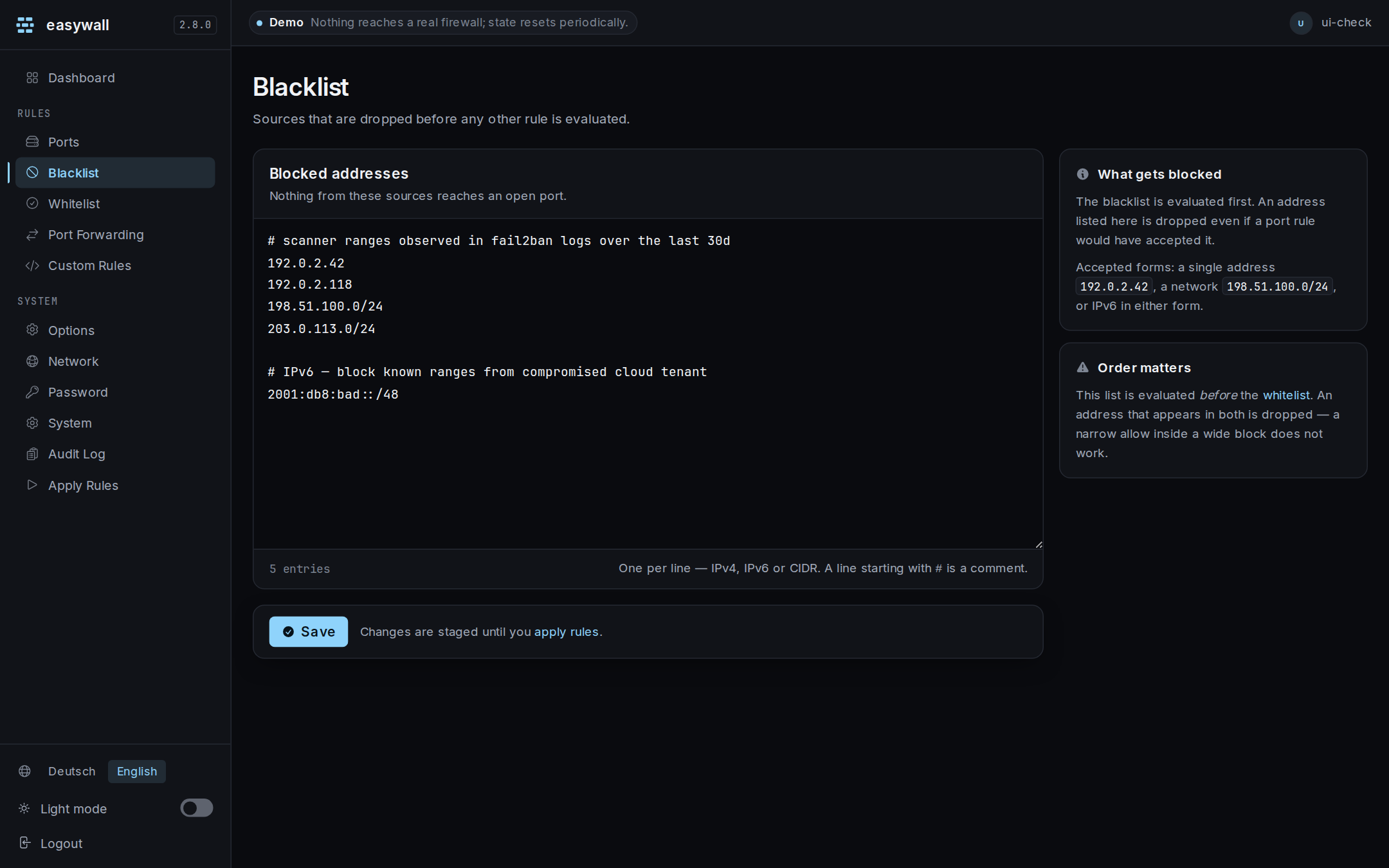 The blacklist editor: a textarea of blocked addresses with a live entry count, per-line validation, and context cards explaining what gets blocked and that the order matters.
