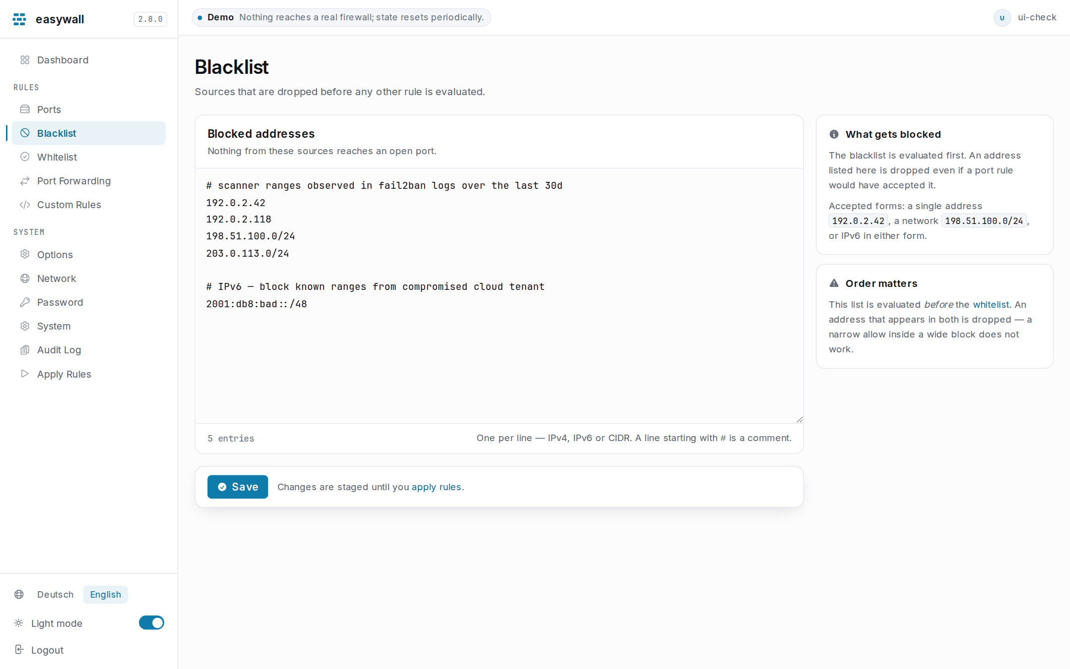 The blacklist editor: a textarea of blocked addresses with a live entry count, per-line validation, and context cards explaining what gets blocked and that the order matters.