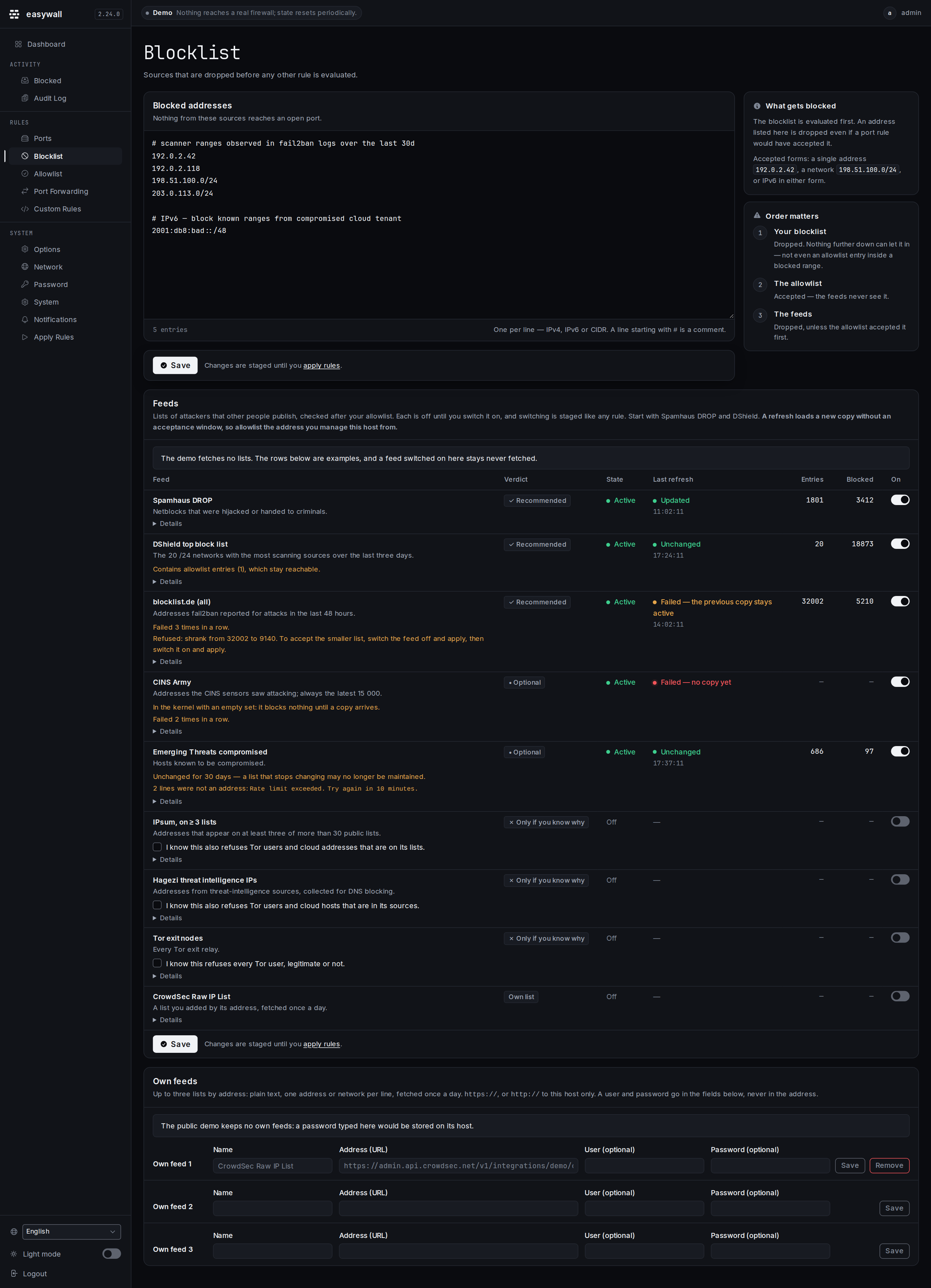 The blocklist page: a textarea of blocked addresses with a live entry count and context cards explaining what gets blocked and that the order matters, then a Feeds table with one row per curated list — its verdict, state, last refresh, entries and a switch — and the own feeds below it.