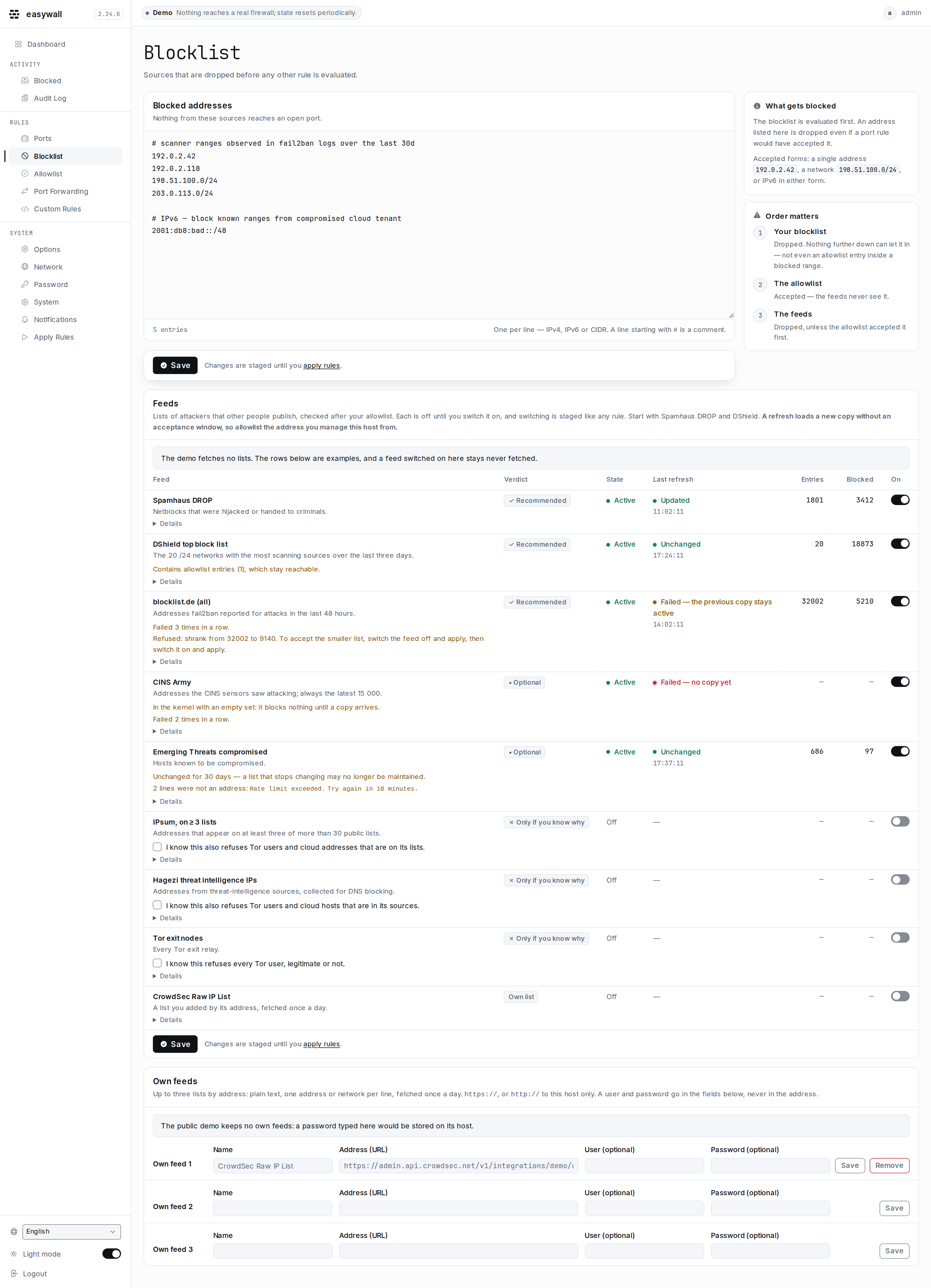 The blocklist page: a textarea of blocked addresses with a live entry count and context cards explaining what gets blocked and that the order matters, then a Feeds table with one row per curated list — its verdict, state, last refresh, entries and a switch — and the own feeds below it.