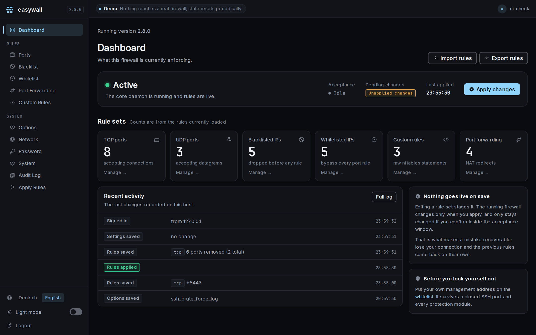 The easywall dashboard: firewall status with acceptance state, pending changes and last apply; tiles counting TCP ports, UDP ports, blacklist, whitelist, custom rules and forwarding; and a recent-activity list.