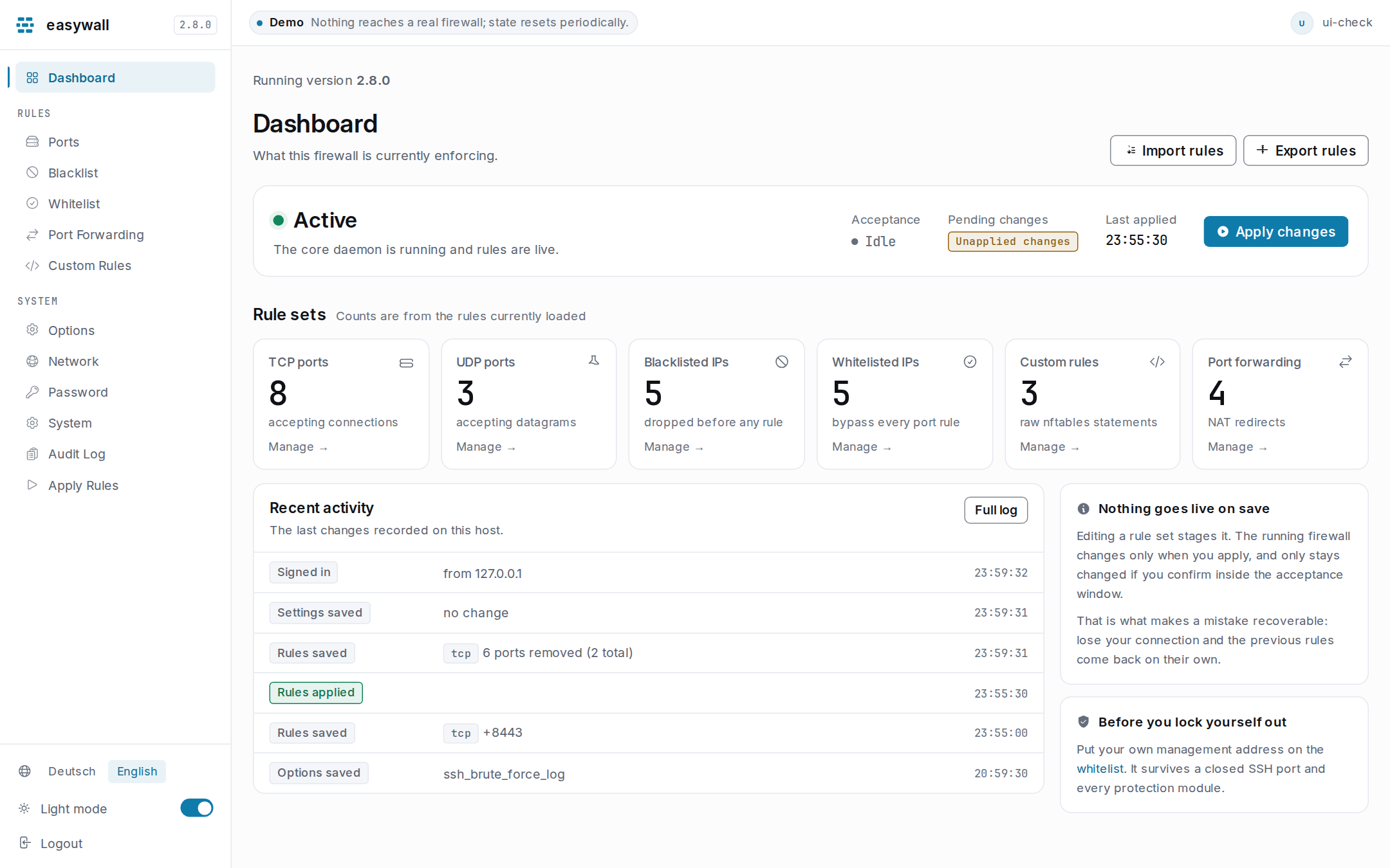 The easywall dashboard: firewall status with acceptance state, pending changes and last apply; tiles counting TCP ports, UDP ports, blacklist, whitelist, custom rules and forwarding; and a recent-activity list.