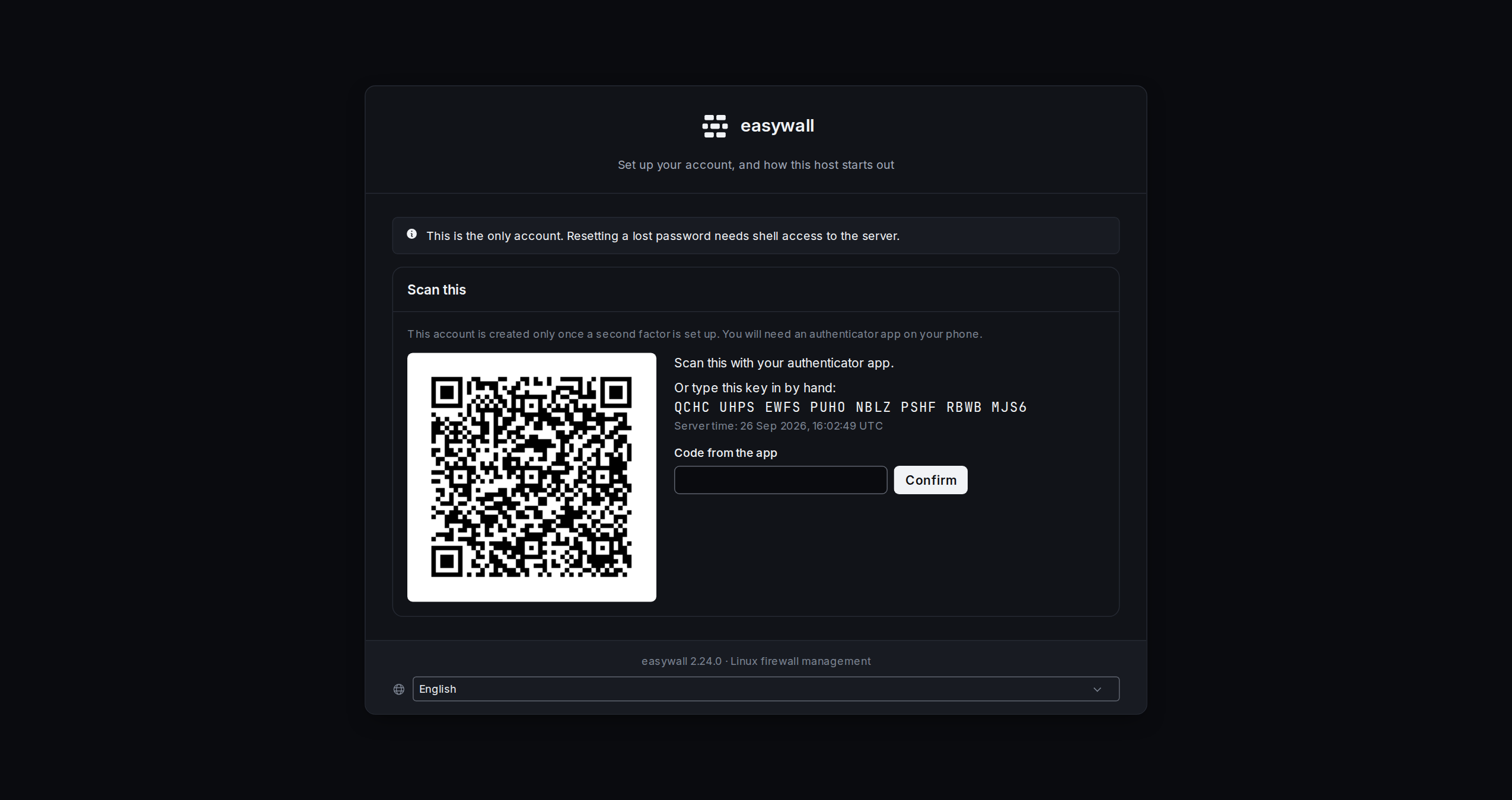 The first-run wizard's setup step: a QR code on a white plate on the left, and on the right the typed key, the server's own clock, and a field for the six-digit confirmation code with a Confirm button.