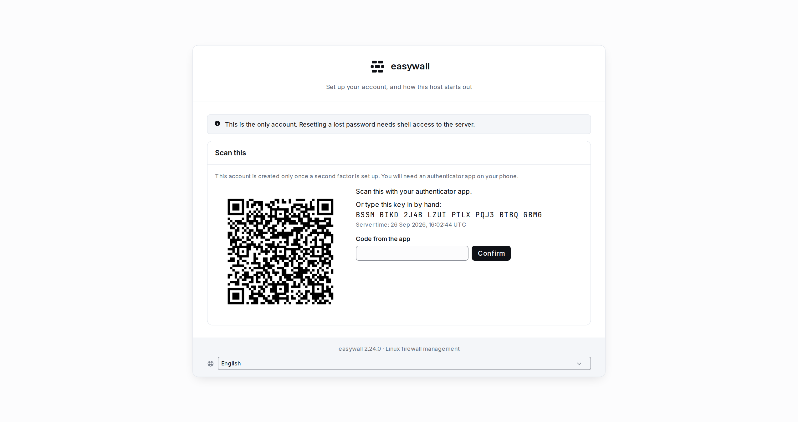 The first-run wizard's setup step: a QR code on a white plate on the left, and on the right the typed key, the server's own clock, and a field for the six-digit confirmation code with a Confirm button.