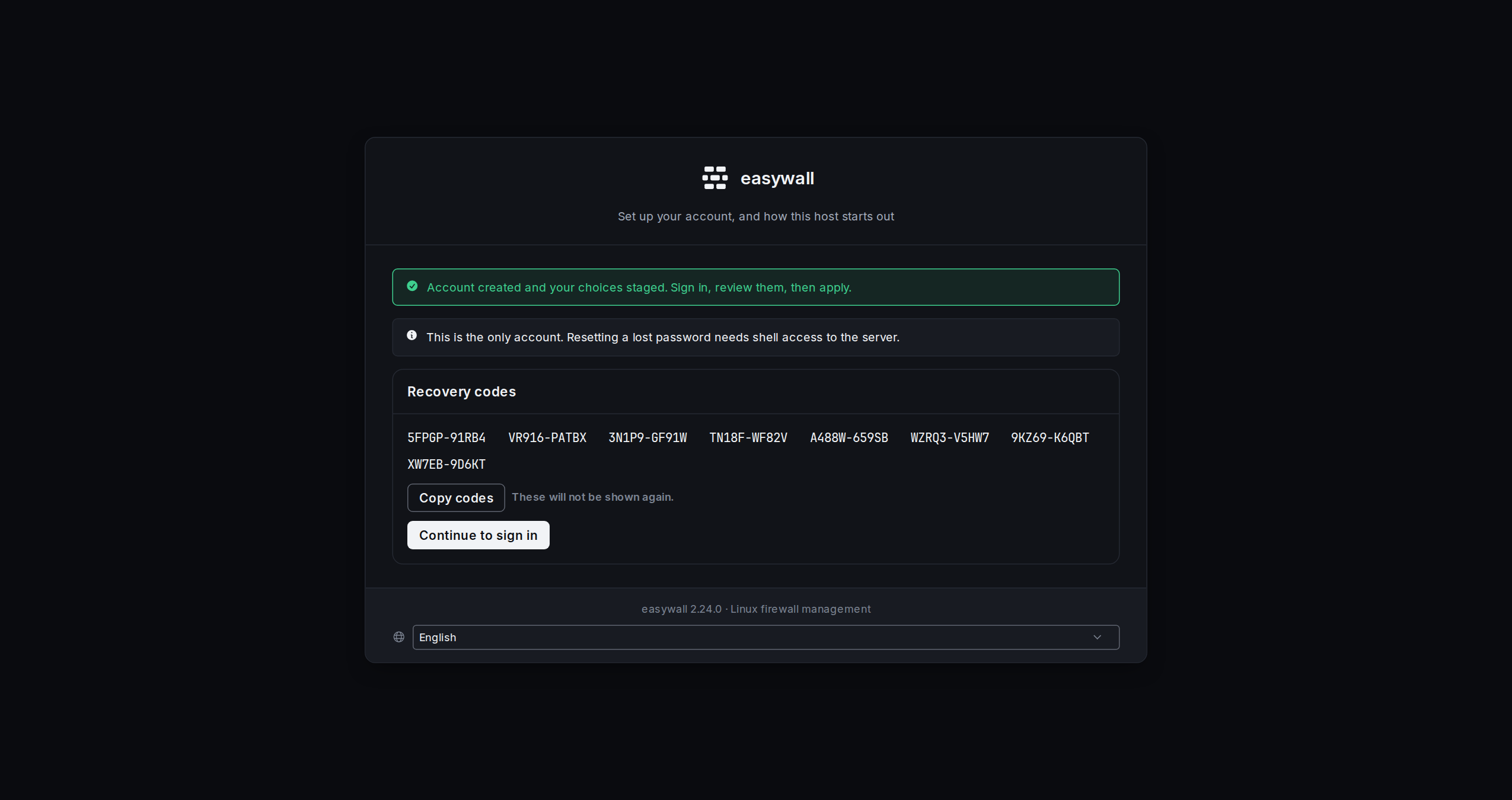 Eight one-time recovery codes shown once, right after the first-run wizard confirms a second factor, with a Copy codes button and a Continue to sign in button.