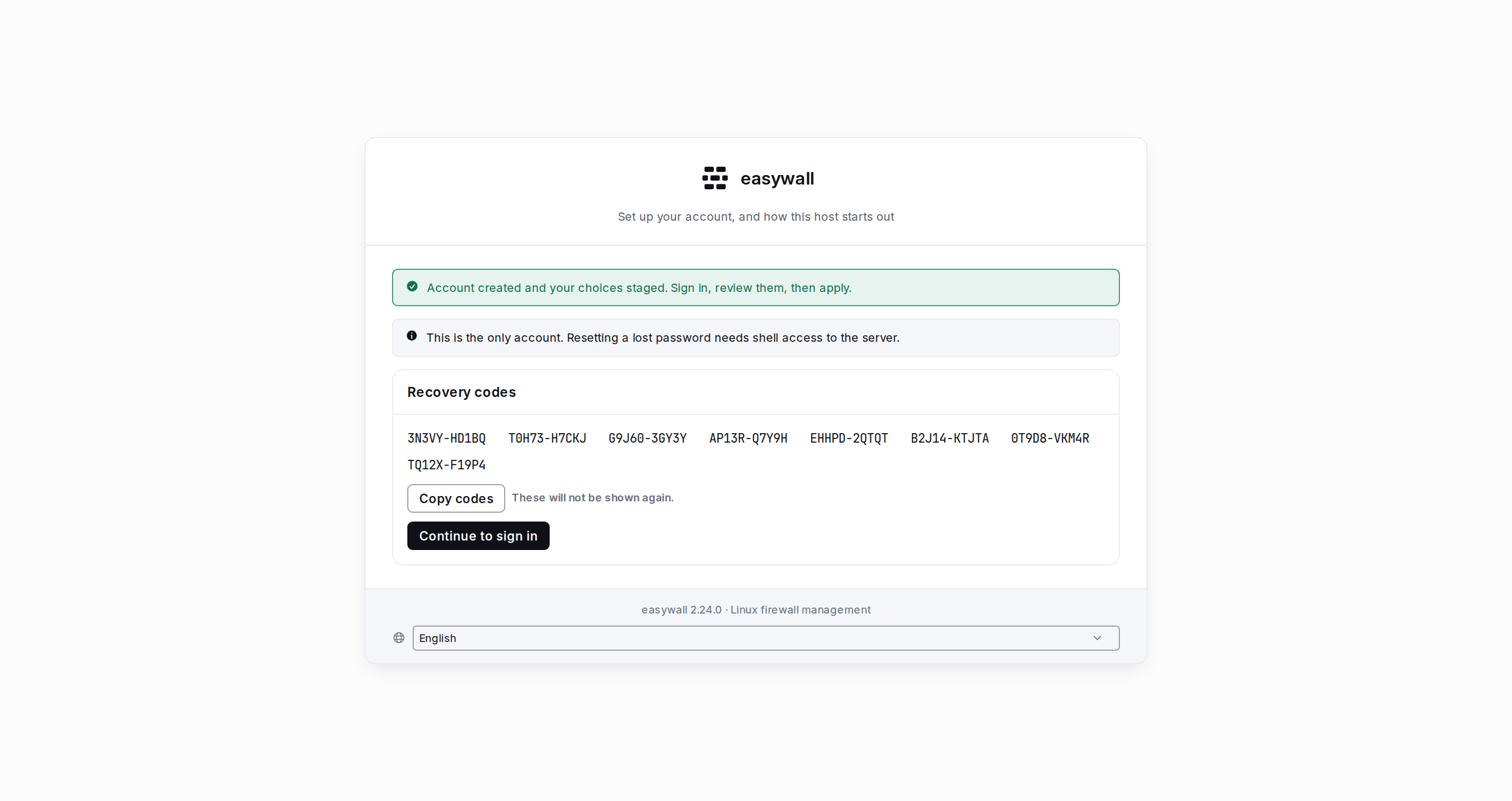 Eight one-time recovery codes shown once, right after the first-run wizard confirms a second factor, with a Copy codes button and a Continue to sign in button.