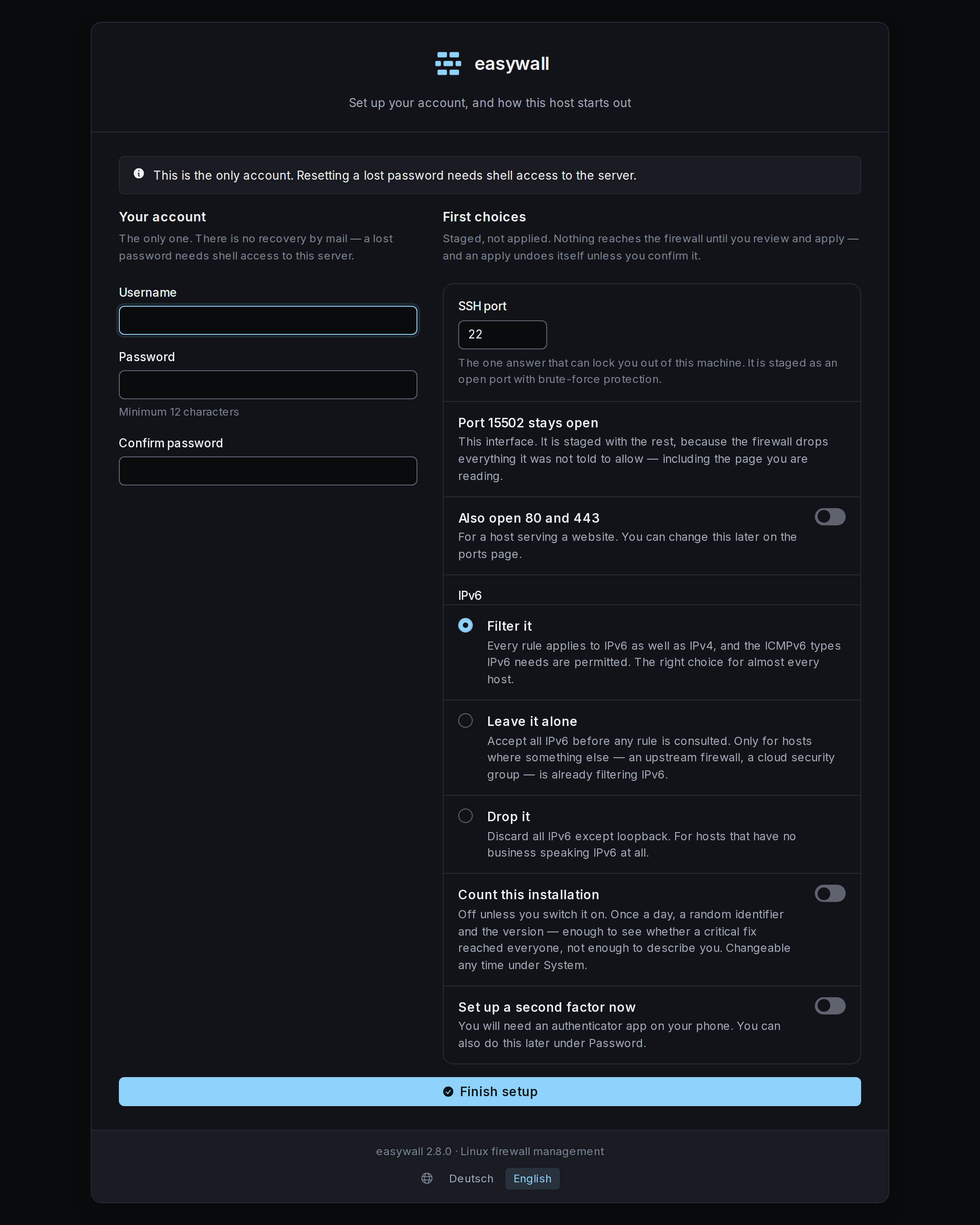 The first-run page: an account section with username, password and confirmation on the left, and a first-choices section on the right with the SSH port, a note that the web port stays open, a switch for 80 and 443, three IPv6 options and a switch for counting the installation.