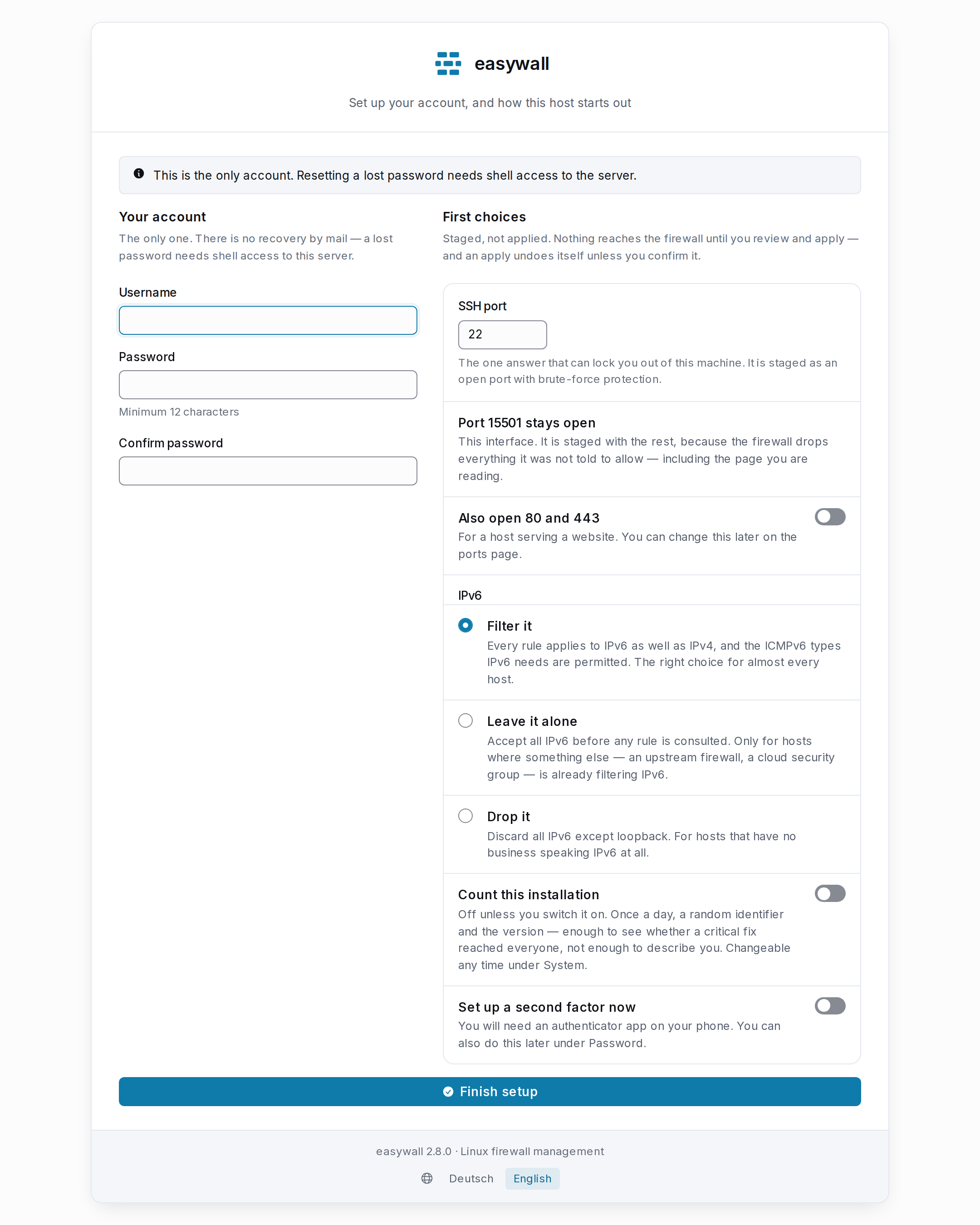 The first-run page: an account section with username, password and confirmation on the left, and a first-choices section on the right with the SSH port, a note that the web port stays open, a switch for 80 and 443, three IPv6 options and a switch for counting the installation.