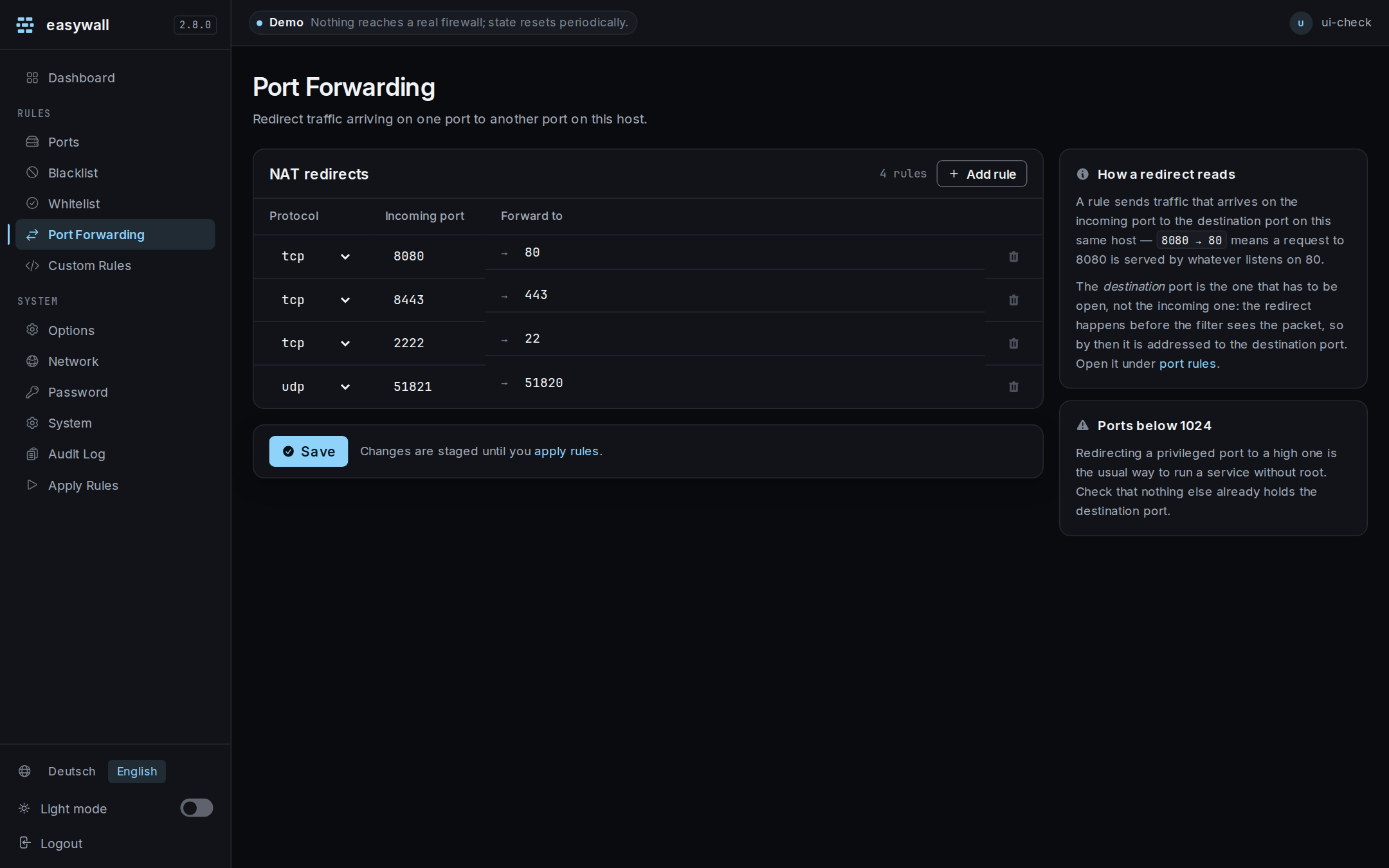 The port forwarding page: a table of redirect rules with protocol, incoming port and destination port, and context cards explaining how a redirect reads and what happens with privileged ports.