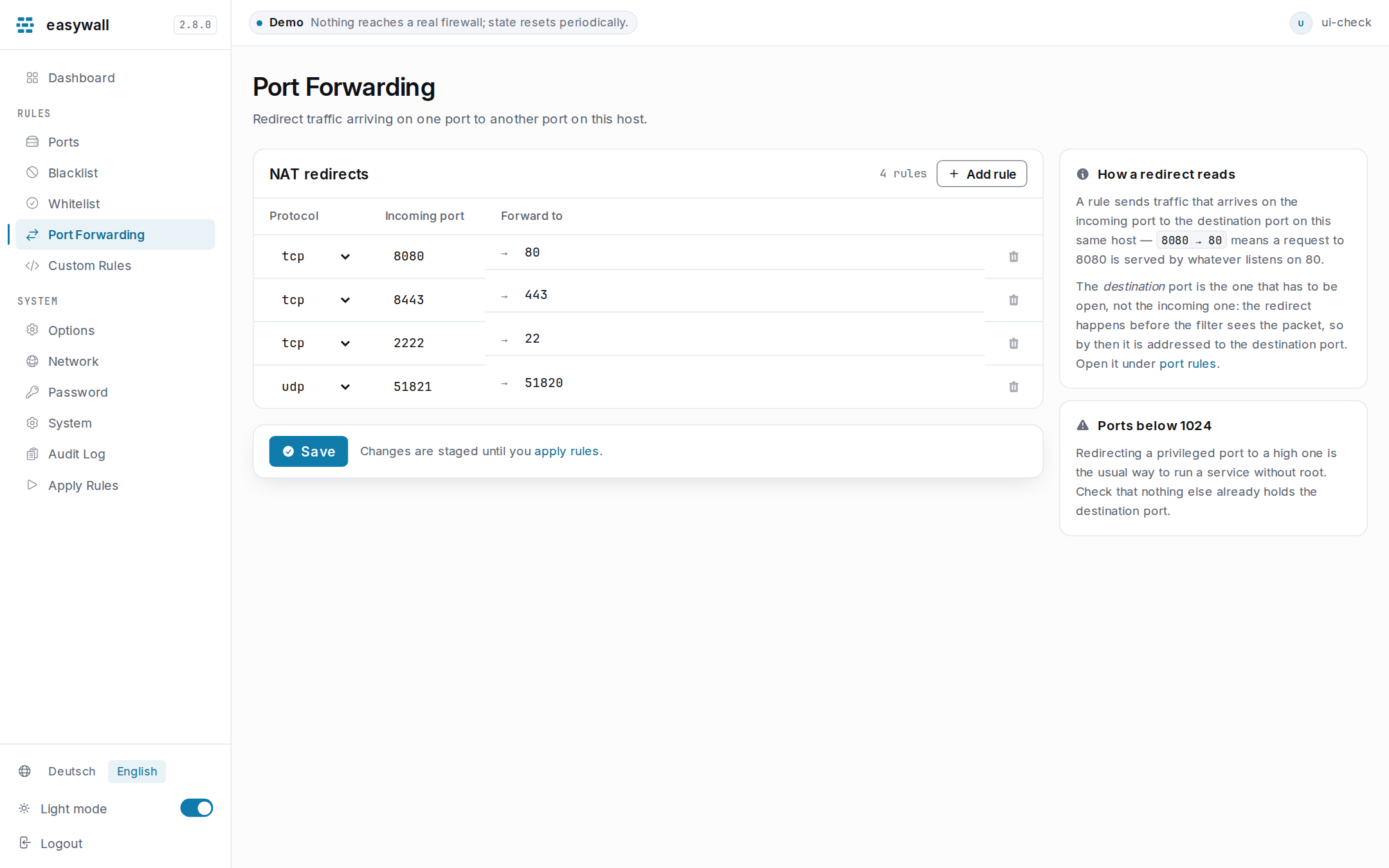 The port forwarding page: a table of redirect rules with protocol, incoming port and destination port, and context cards explaining how a redirect reads and what happens with privileged ports.