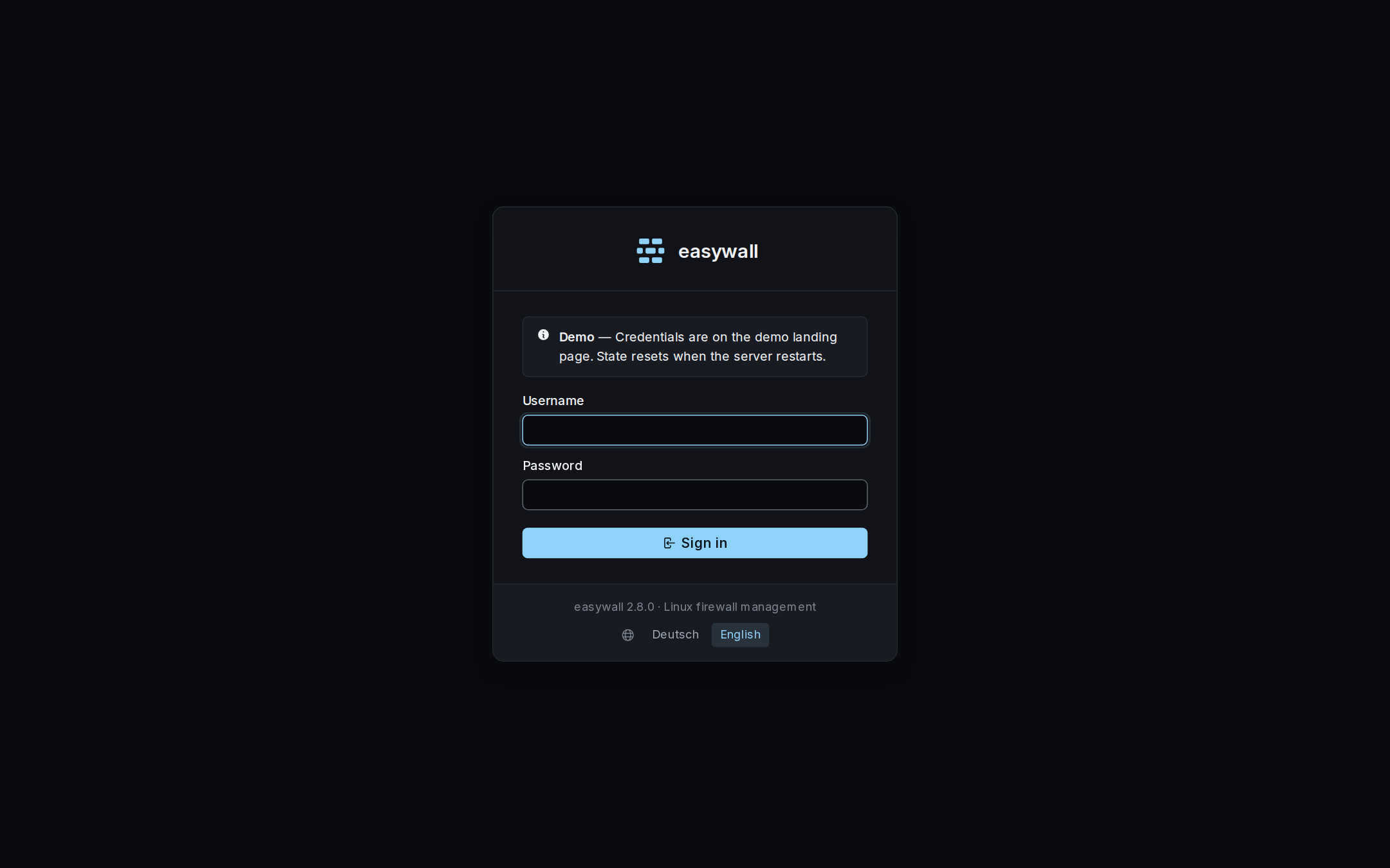 The easywall sign-in page: a card with username and password fields, a Sign in button, and a language switch between German and English in the footer.