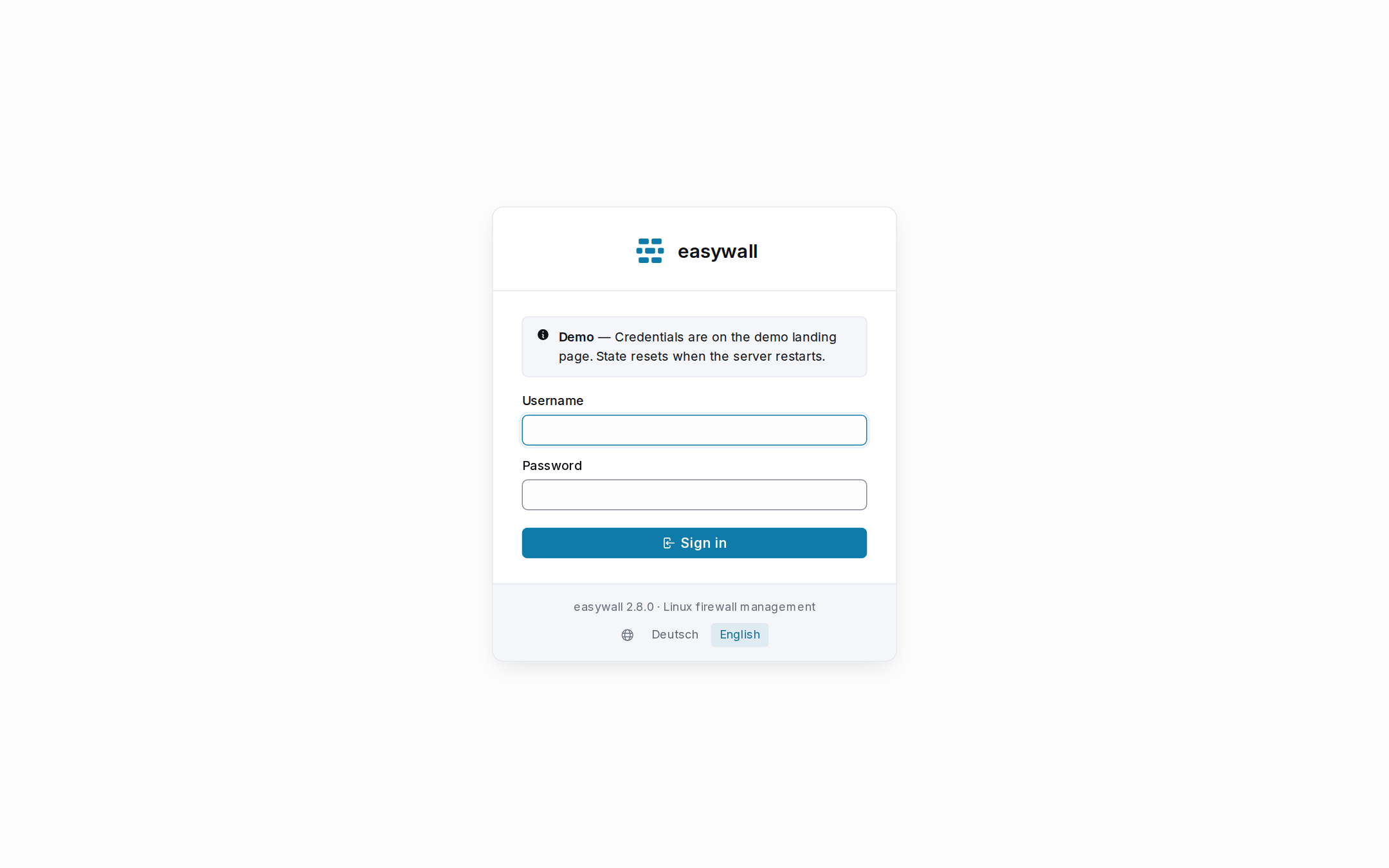 The easywall sign-in page: a card with username and password fields, a Sign in button, and a language switch between German and English in the footer.