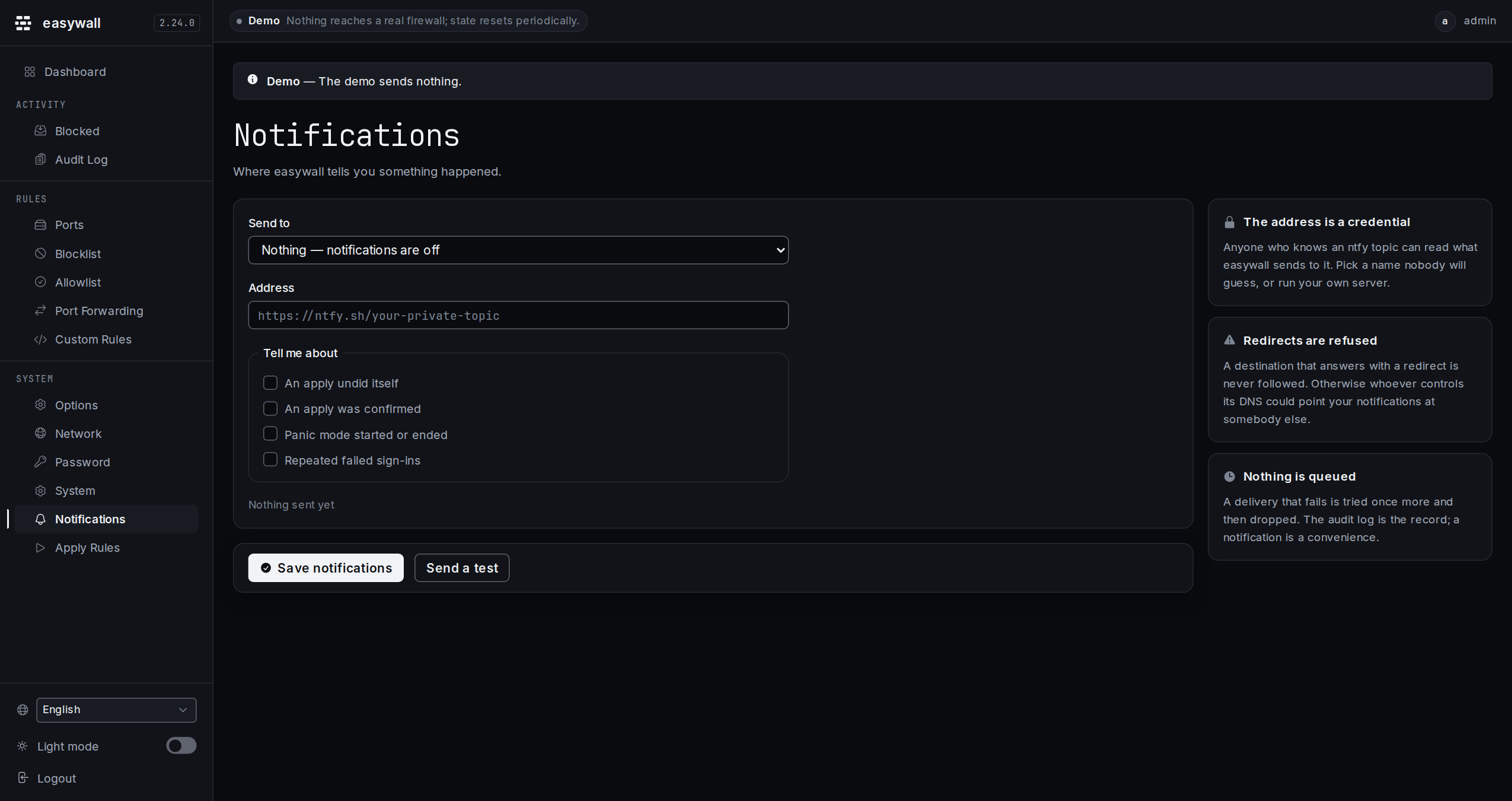 The notifications page: a Send to selector, an address field, four trigger checkboxes, and Save notifications beside a Send a test button.