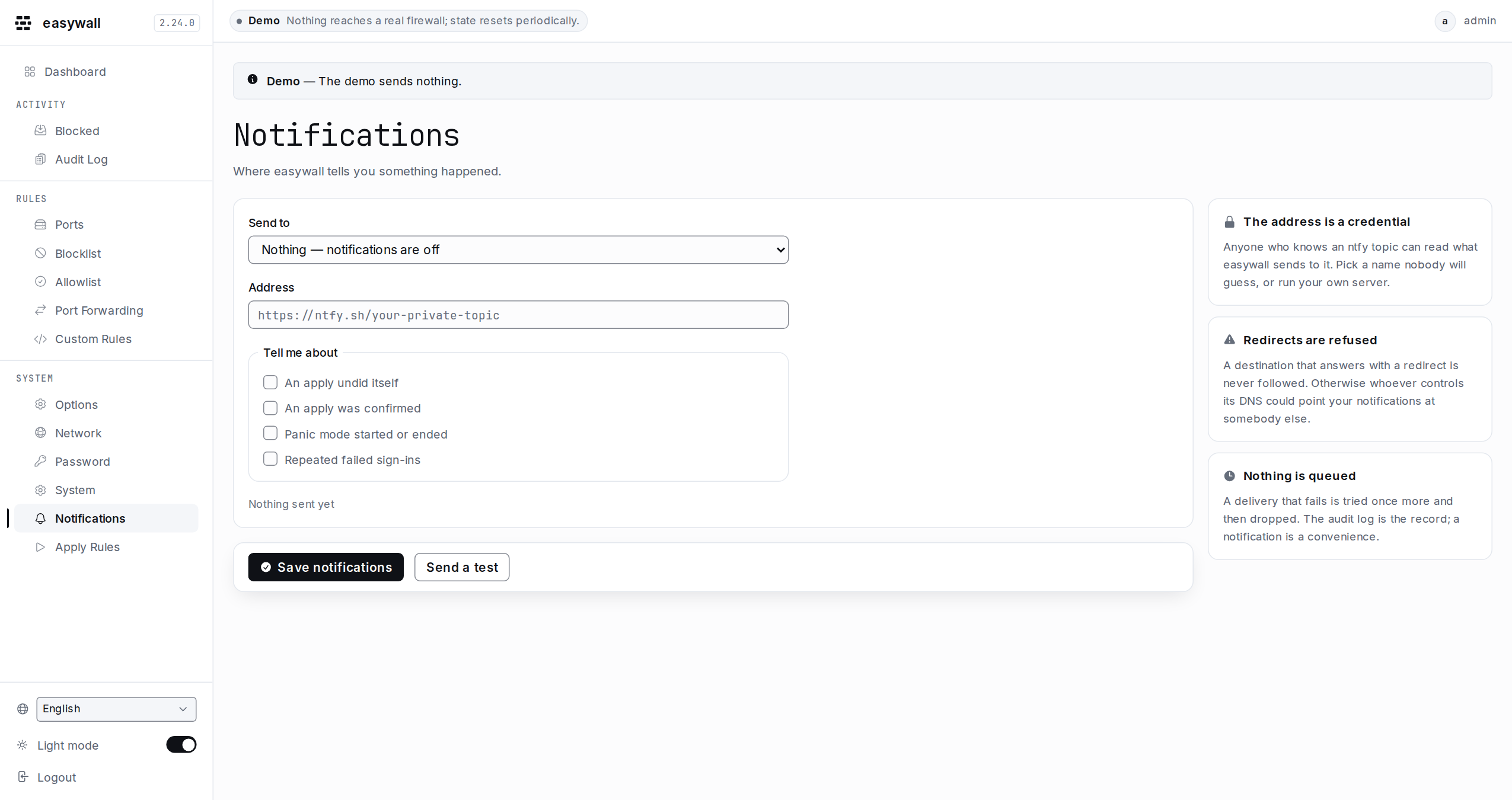 The notifications page: a Send to selector, an address field, four trigger checkboxes, and Save notifications beside a Send a test button.