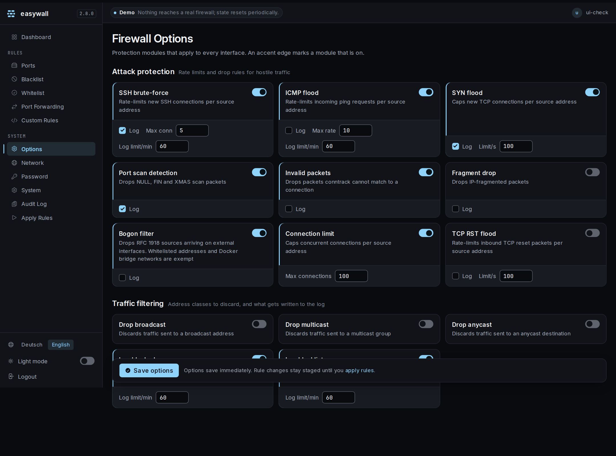 The firewall options page: a grid of protection module cards under Attack protection and Traffic filtering, each with a toggle and its own parameters. An accent edge marks a module that is switched on.