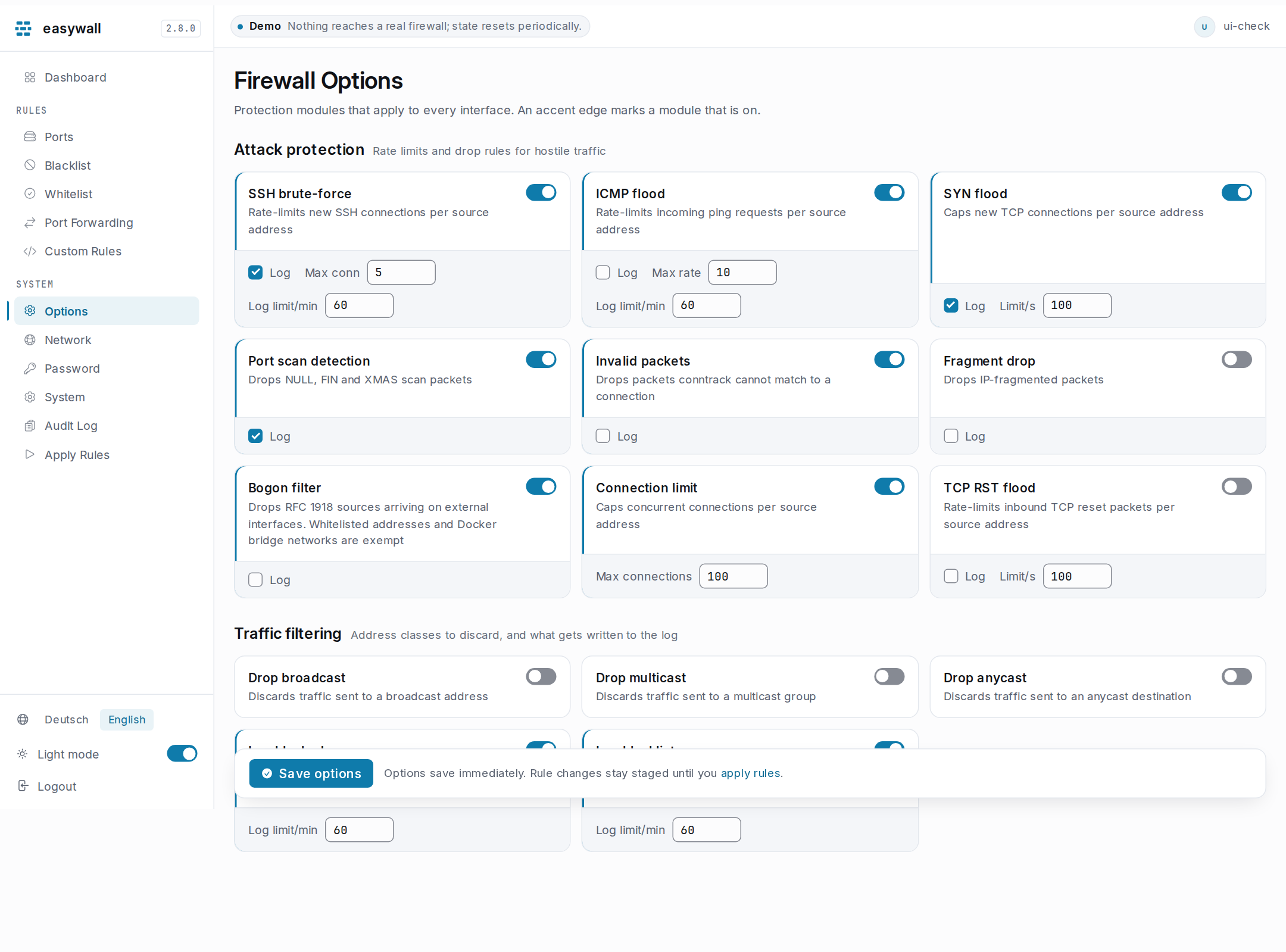 The firewall options page: a grid of protection module cards under Attack protection and Traffic filtering, each with a toggle and its own parameters. An accent edge marks a module that is switched on.