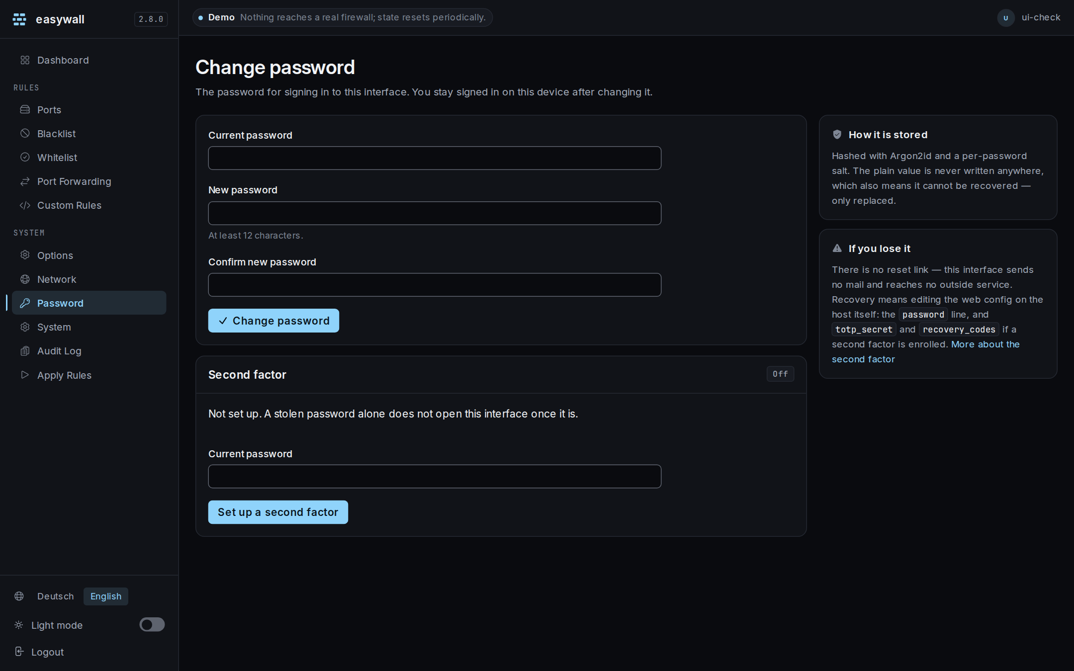 The Password page before a second factor is enrolled: the change-password form, and a Second factor card marked Off with a single button to start setup.