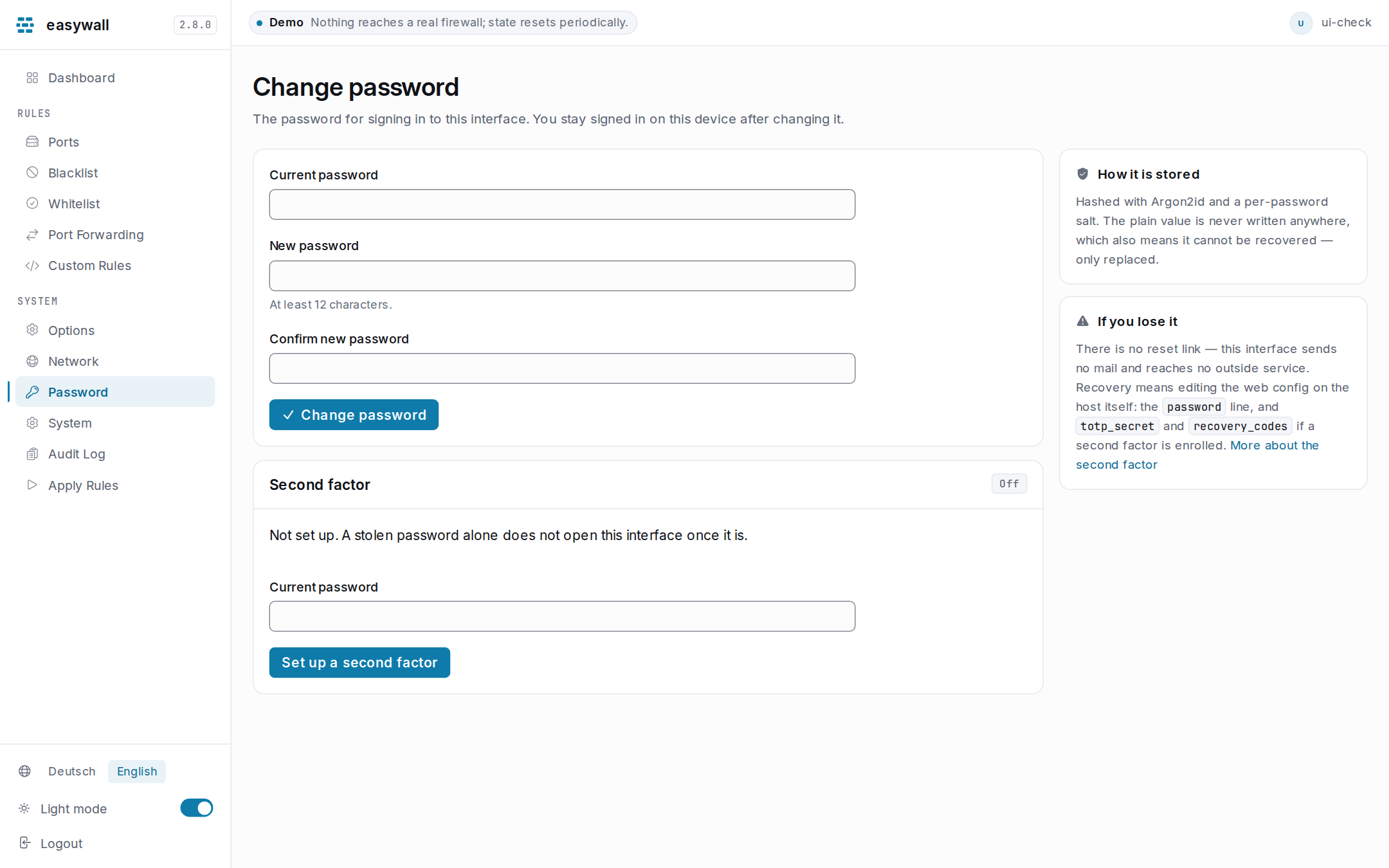 The Password page before a second factor is enrolled: the change-password form, and a Second factor card marked Off with a single button to start setup.