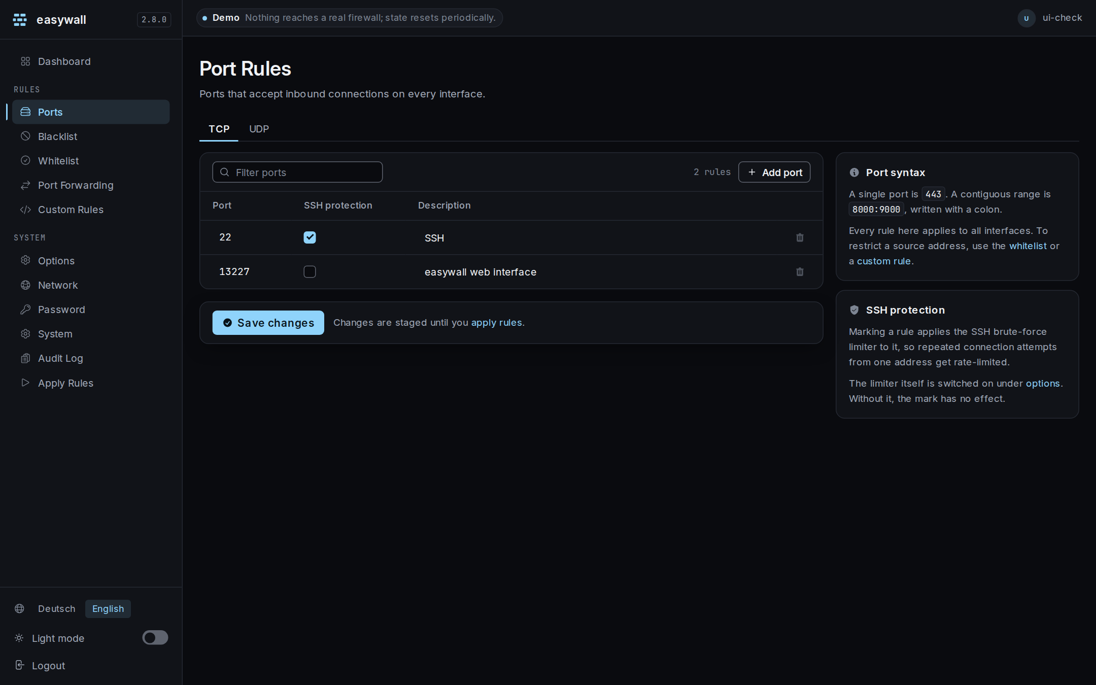 The port rules page: TCP and UDP tabs, a filter box, a table of ports with an SSH protection checkbox and description, and context cards explaining port syntax and SSH protection.
