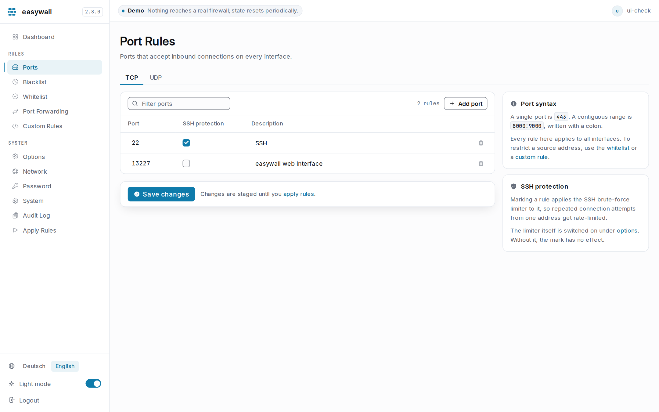 The port rules page: TCP and UDP tabs, a filter box, a table of ports with an SSH protection checkbox and description, and context cards explaining port syntax and SSH protection.