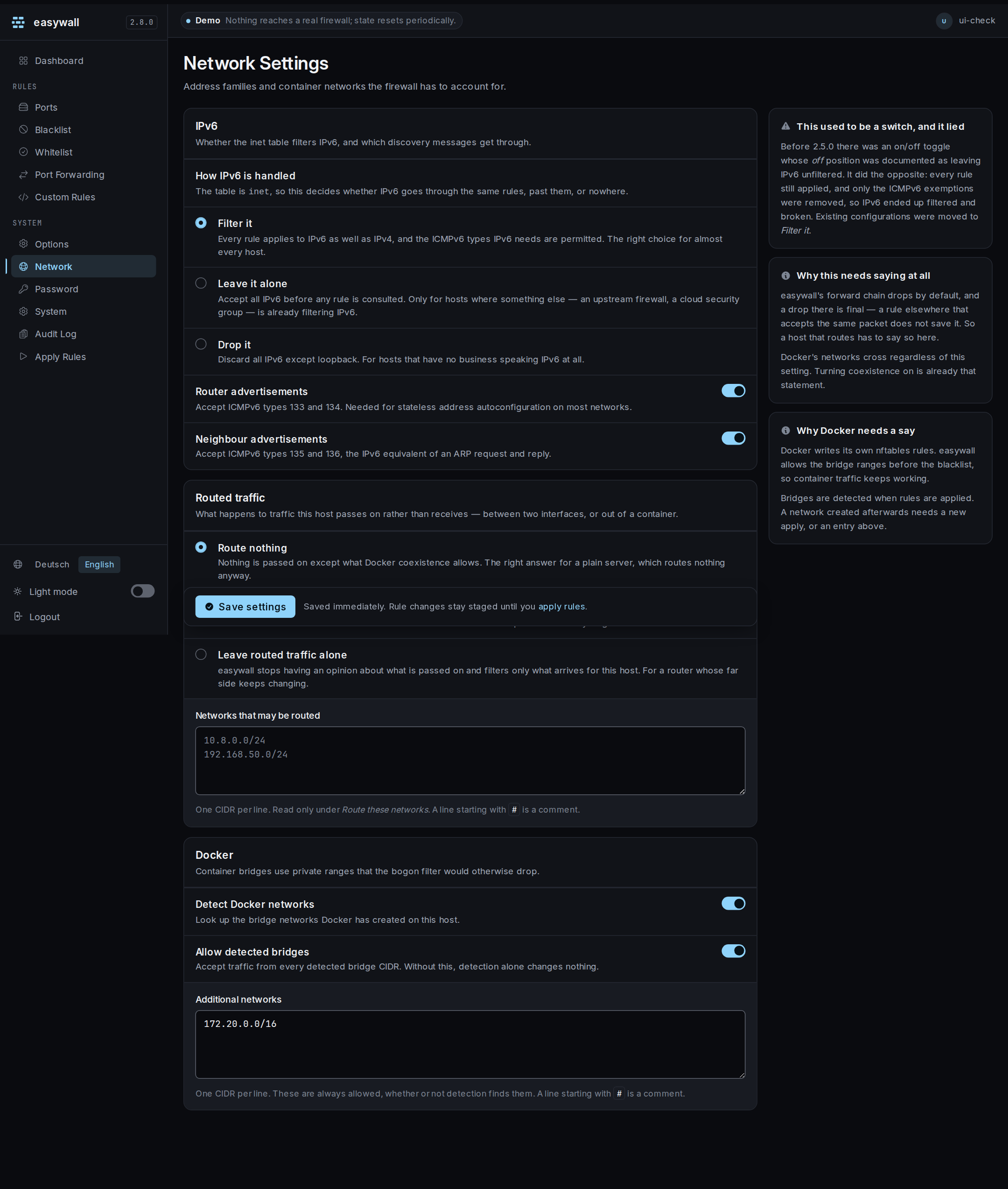 The Network settings page: an IPv6 card offering filter, leave alone or drop; a Routed traffic card offering route nothing, route these networks with a CIDR list, or leave routed traffic alone; and a Docker card with bridge detection, allowing detected bridges, and a list of additional networks.