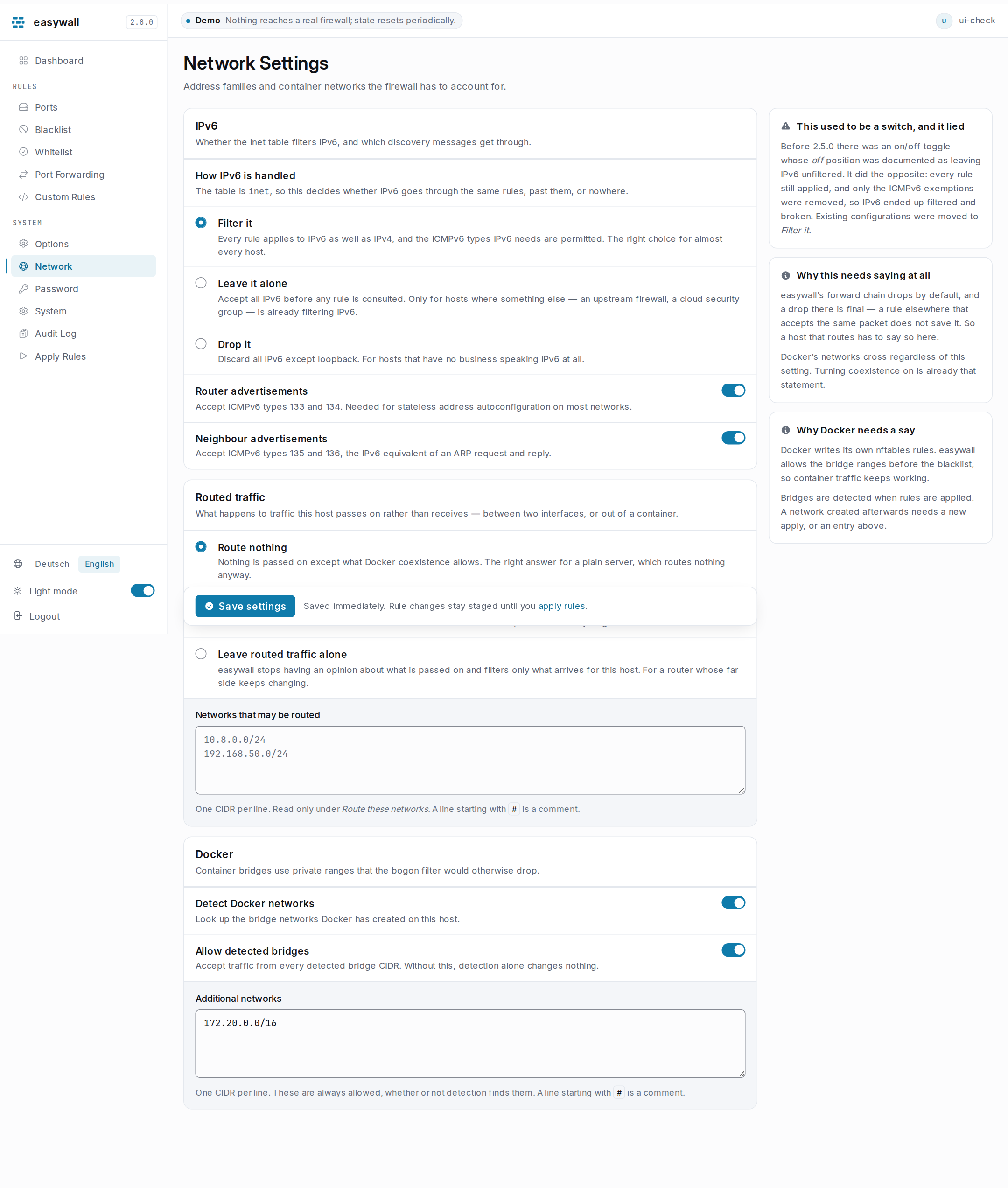 The Network settings page: an IPv6 card offering filter, leave alone or drop; a Routed traffic card offering route nothing, route these networks with a CIDR list, or leave routed traffic alone; and a Docker card with bridge detection, allowing detected bridges, and a list of additional networks.