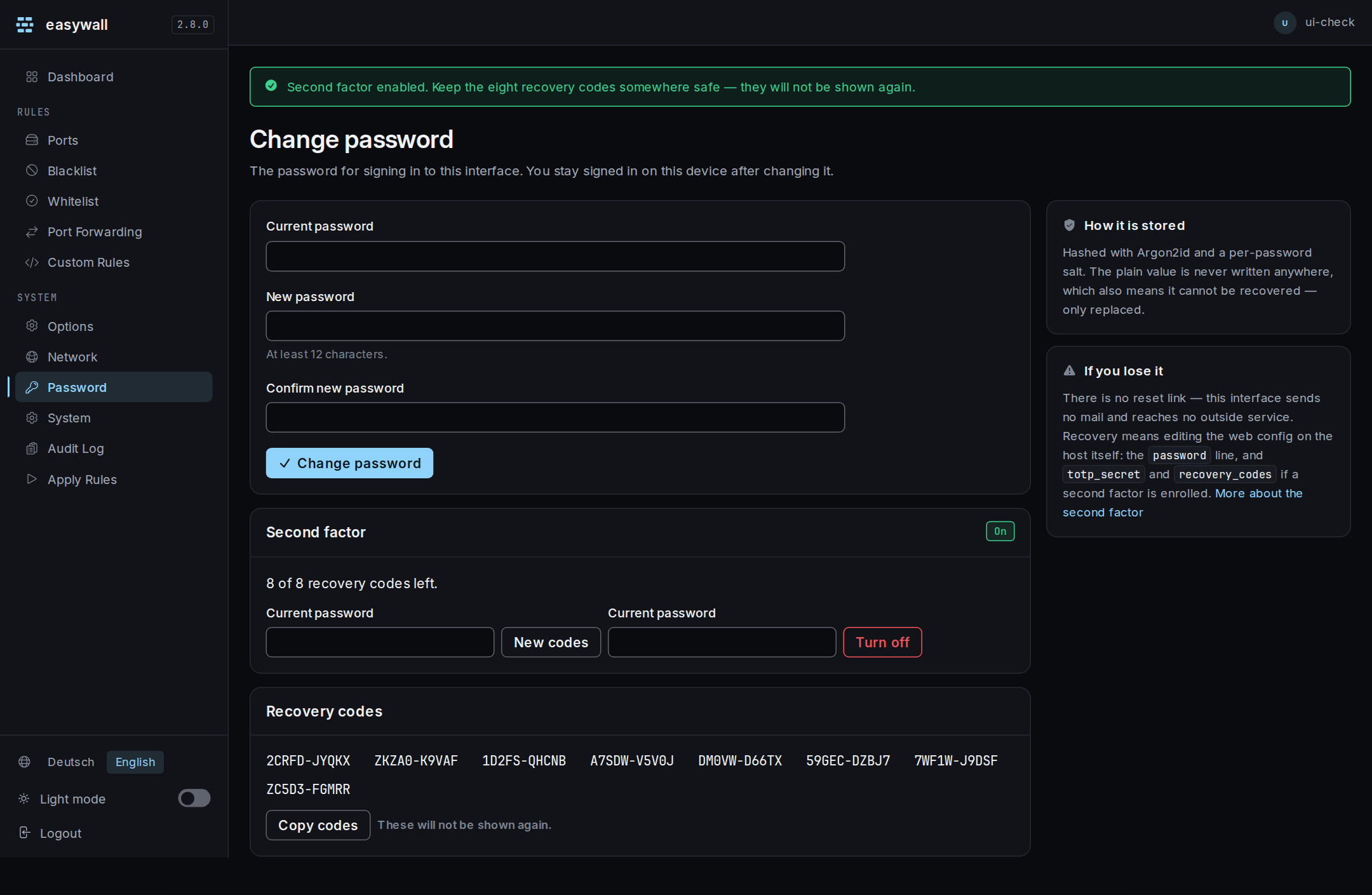 Eight one-time recovery codes shown once after setup succeeds, with a notice that they will not be shown again.