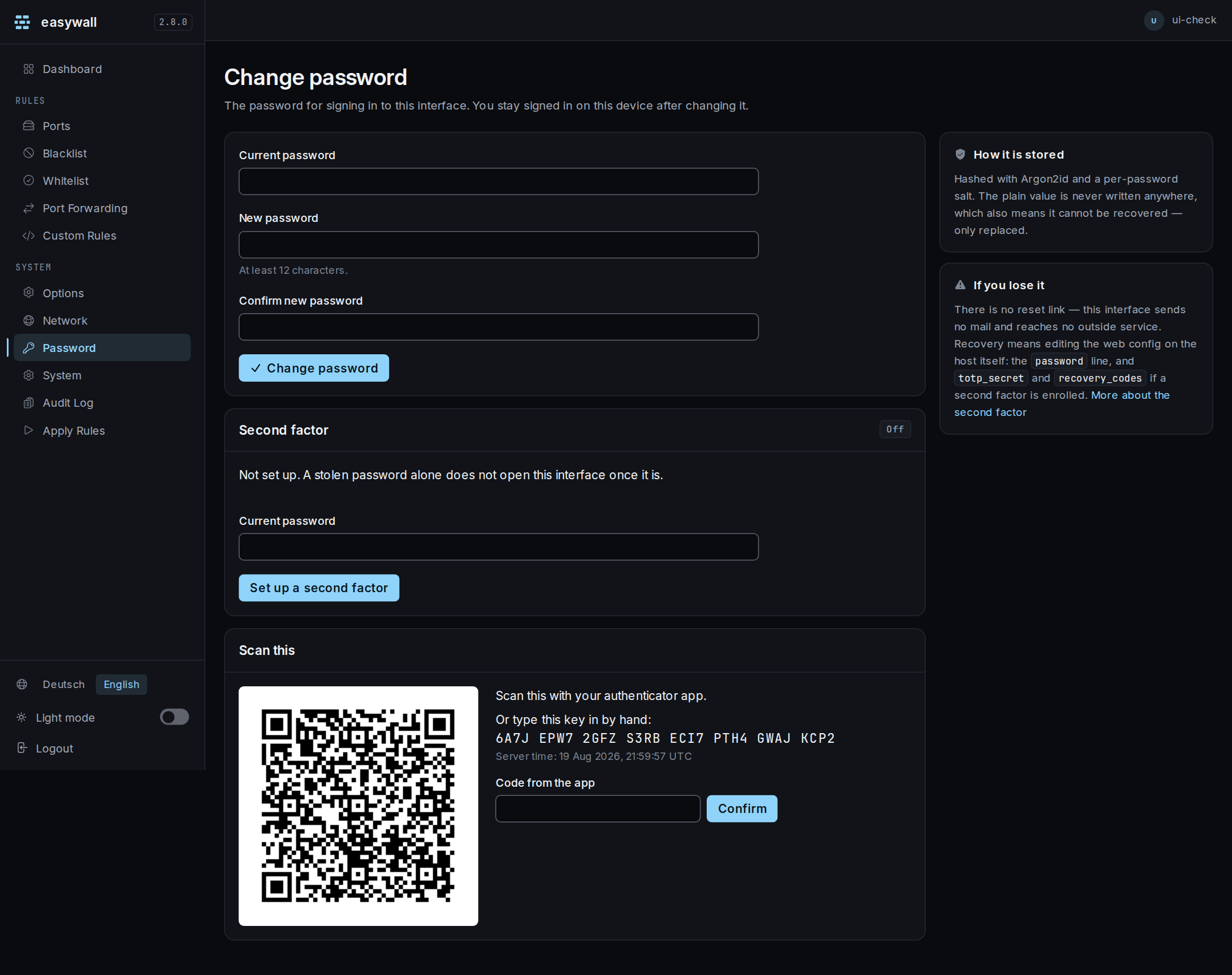 The second-factor setup card on the Password page: a QR code and a typed key on the left, a field for the six-digit confirmation code on the right, and the server's own clock printed beneath the QR code.