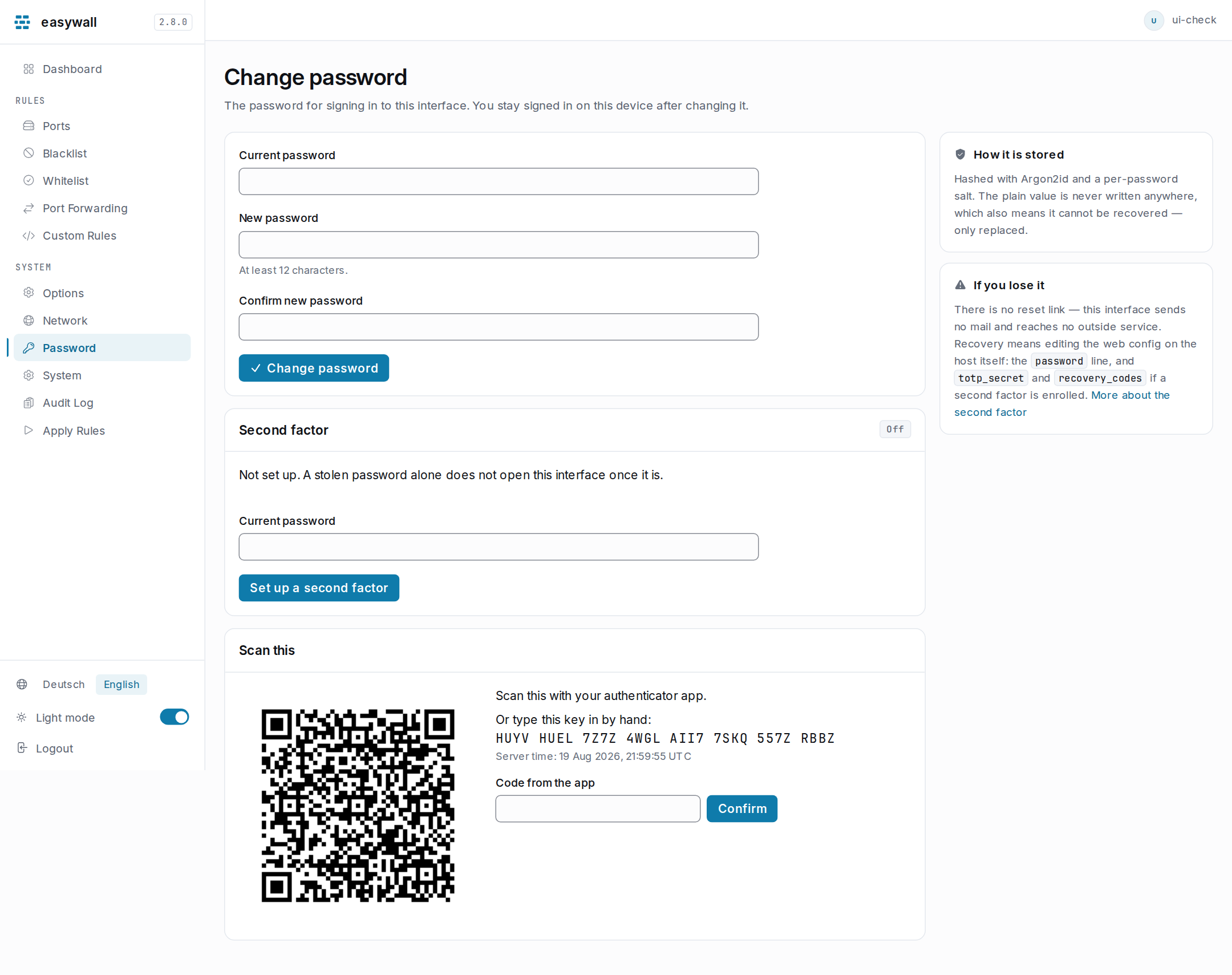 The second-factor setup card on the Password page: a QR code and a typed key on the left, a field for the six-digit confirmation code on the right, and the server's own clock printed beneath the QR code.